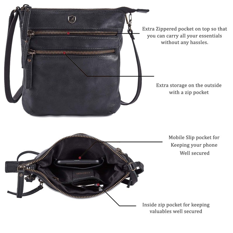 Cochoa Crossbody Sling Bag for Women Small Real Leather Purse Vintage Travel Crossover Shoulder Bag Handmade (Black Washed Vintage) - Image 2